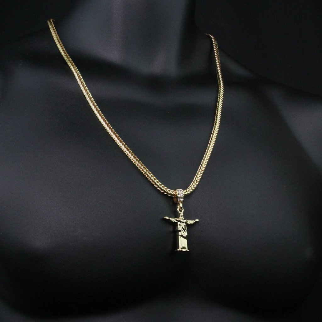 14k Gold Plated Hip Hop Redeemer Jesus Pendant Cubic-Zirconia 24" Franco Chain